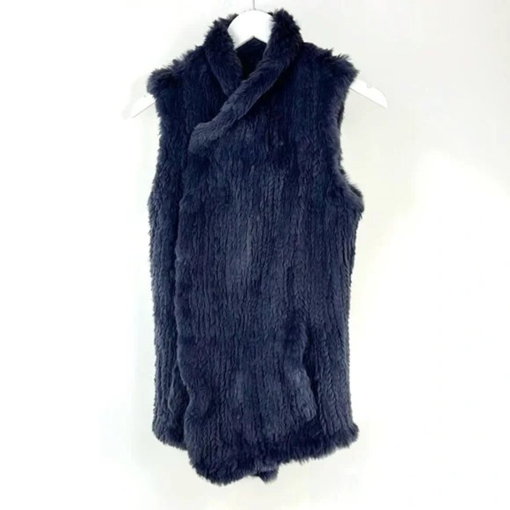 June Navy Rabbit Fur Snap-Front Vest
